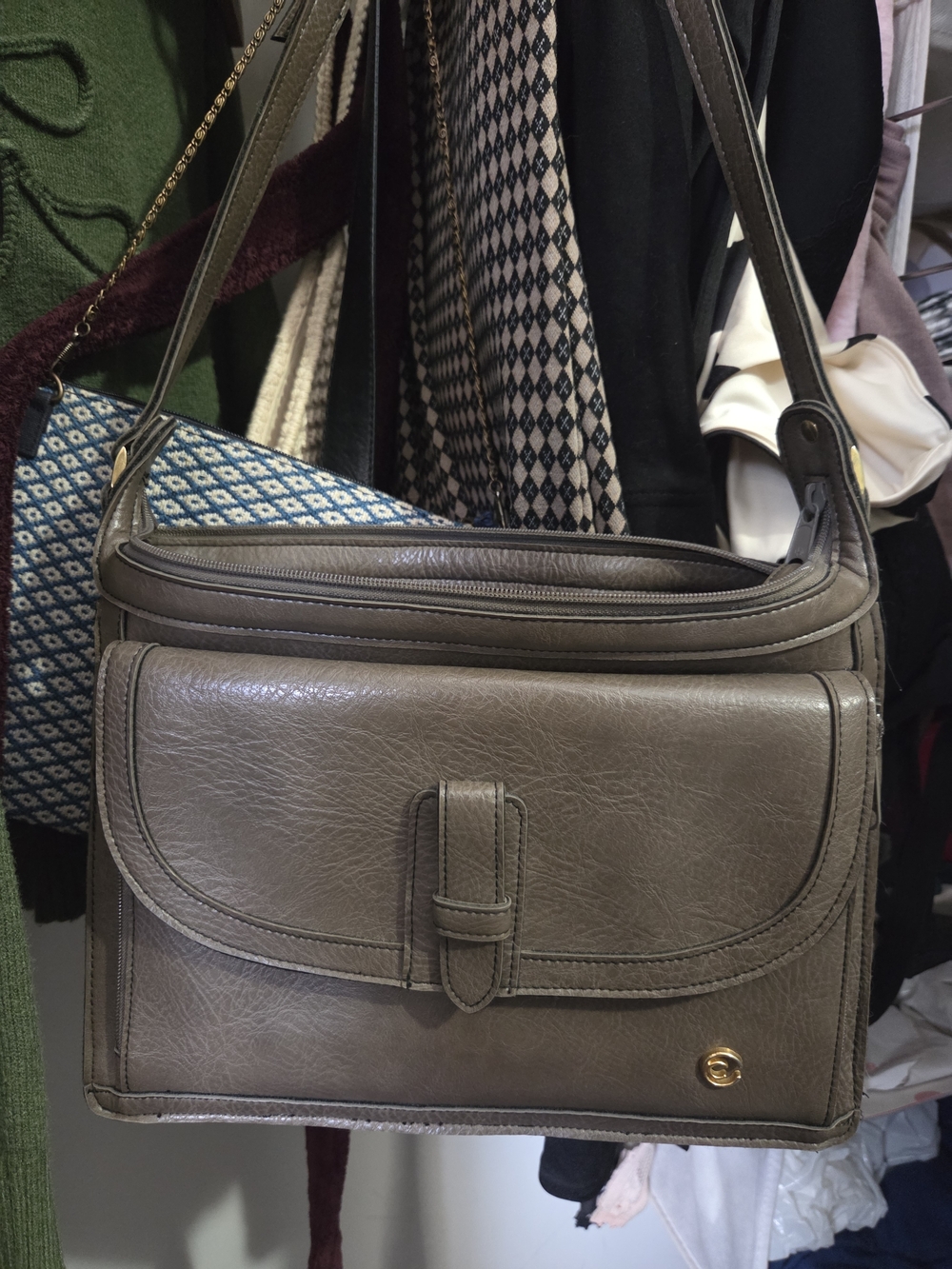 VINTAGE CORNELL - Classic Brown-Gray Leather Shoulder Bag; Used/Good Condition